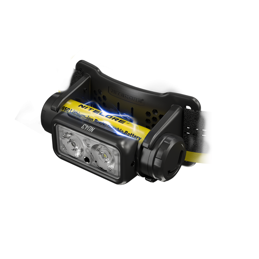 Nitecore NU43 vista lateral com botões de controlo e bateria USB-C