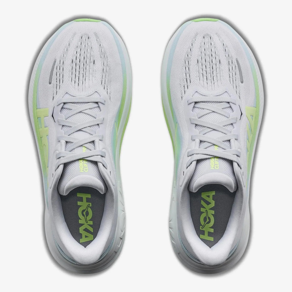 Hoka Clifton Pro W vista de cima, ajuste do laço e colar