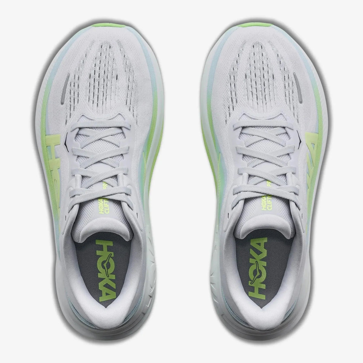 Hoka Clifton Pro W vista de cima, ajuste do laço e colar